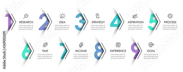 Fototapeta Vector Infographic design template with icons and 9 options or steps. Can be used for process diagram, presentations, workflow layout, banner, flow chart, info graph.