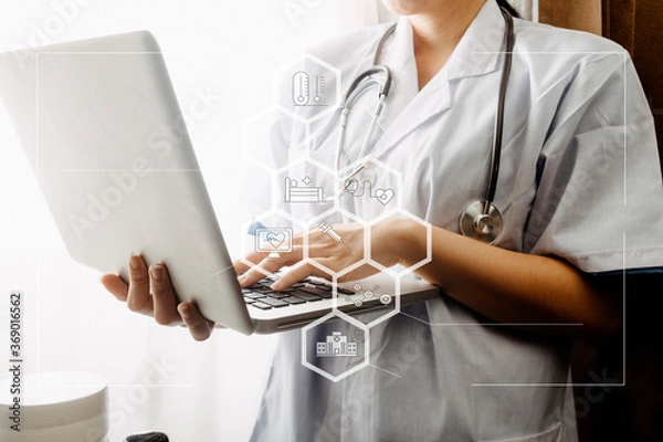 Fototapeta Medicine doctor touching electronic medical record on tablet. DNA. Digital healthcare and network connection on hologram modern virtual icon