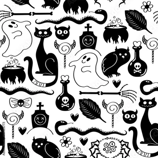 Fototapeta Halloween symbols seamless pattern. Scary colorful background.