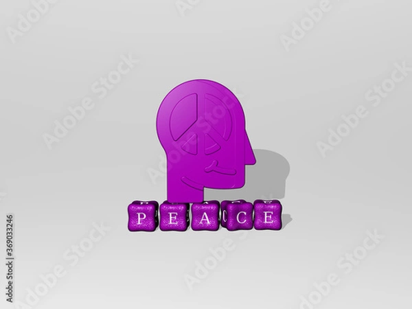 Fototapeta 3D representation of PEACE with icon on the wall and text arranged by metallic cubic letters on a mirror floor for concept meaning and slideshow presentation. illustration and background