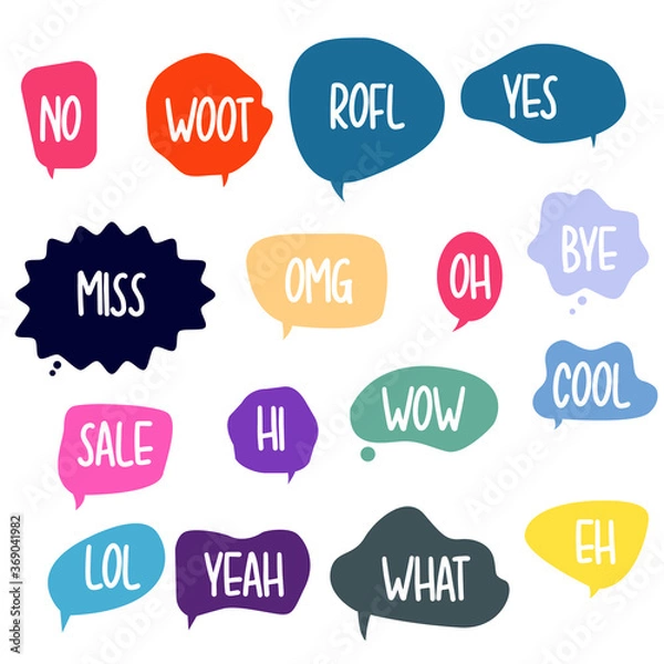 Fototapeta Bubble chat with phrases. Colorful speech bubbles with dialog words. Chat cloud online used for stickers, flyers, poster information. Vector illustration 