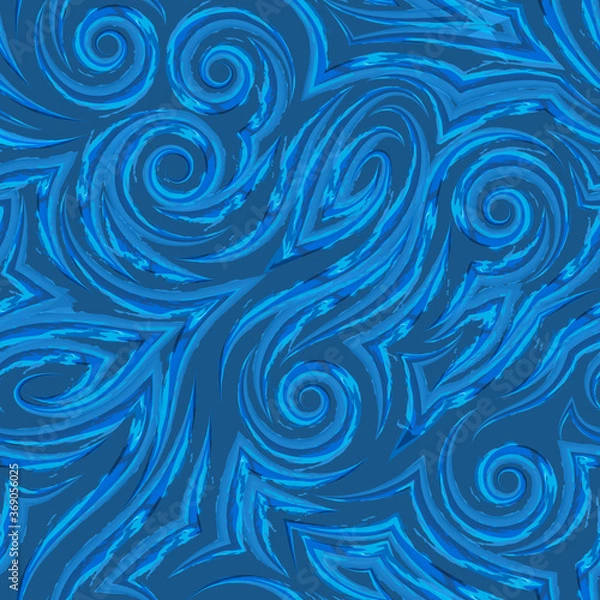 Obraz Vector watercolor seamless pattern drawn with a brush on a blue background for decor.Smooth lines with torn edges in the form of spirals of corners and loops.