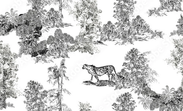 Obraz Seamless Pattern Pastoral Landscape Panorama with Cheetah Wild Animal in Trees and Bushes, Black and White Hand Drawn Etching European Design on White Background