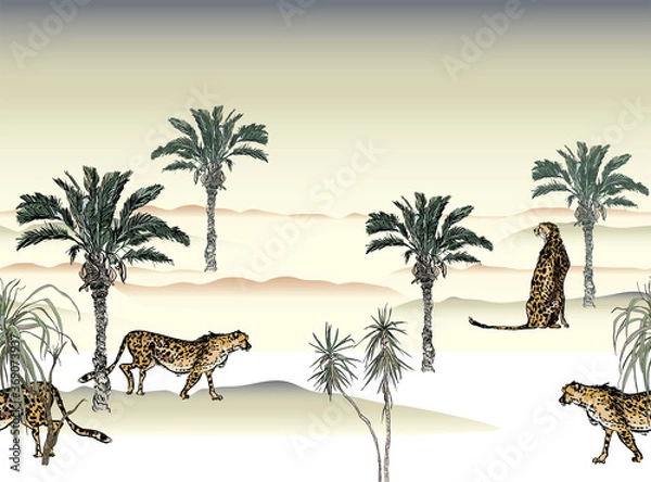 Fototapeta Cheetah Walking in Safari, Palms in Desert Hand Drawn Illustration, Boho Jungle Seamless Border