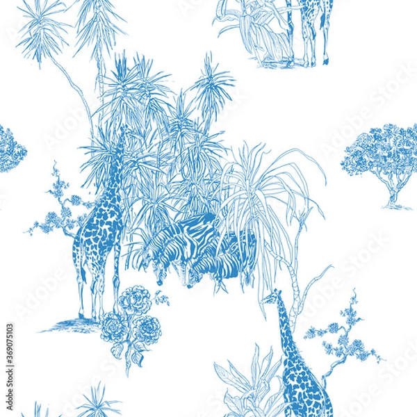 Obraz Giraffe and Zebras in Dragon Tree Bushes, African Safari Lithography Blue on White Background Seamless Pattern, Children Nursery Wallpaper Toile