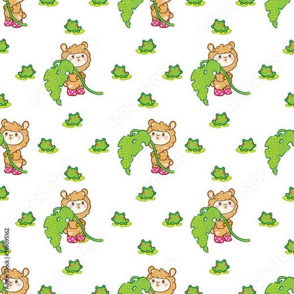 Fototapeta Vector cartoon seamless pattern. Kawaii anime alpaca (or llama) in funny pink boots with monstera leaves and cute toads. Simple design with popular animal, perfect for paper, stationery