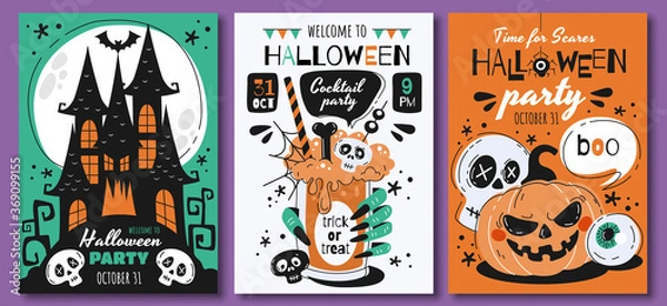 Fototapeta Triplet of scary Halloween poster designs or party invitations with haunted houses, bats, skulls, jack-o-lantern pumpkin and assorted text, colored vector illustration