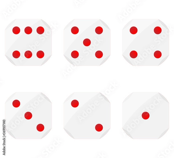 Obraz Set of dices, with curved edges and red dots for representing numbers, vector