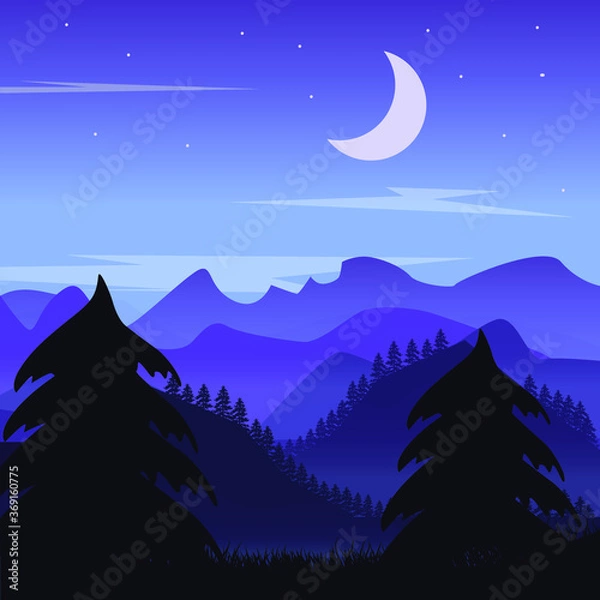 Fototapeta Forest and mountain night landscape, silhouettes of fir trees. Vector illustration EPS 10. For registration of articles, for printing on t-shirts, bags, cases. For posters and wallpapers. Flat style