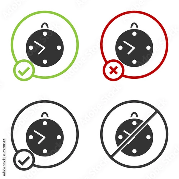 Fototapeta Black Clock icon isolated on white background. Time symbol. Circle button. Vector Illustration.