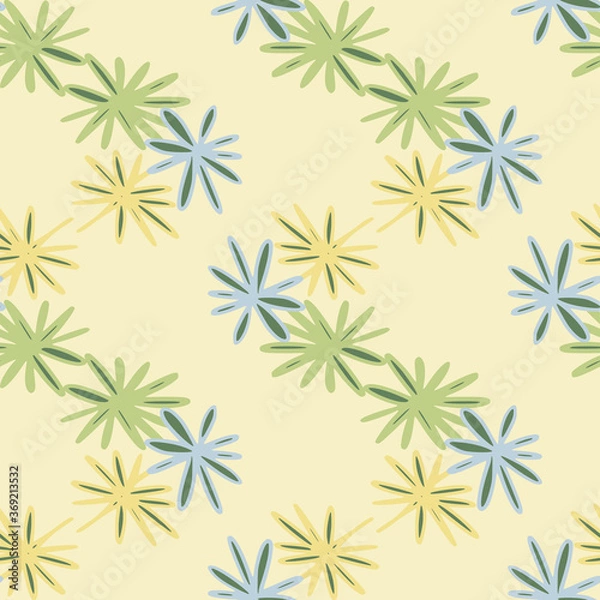 Fototapeta Seamless herbal pattern with daisy geometric shapes. Yellow, green and blue flowers on light background. Stylized artwork.