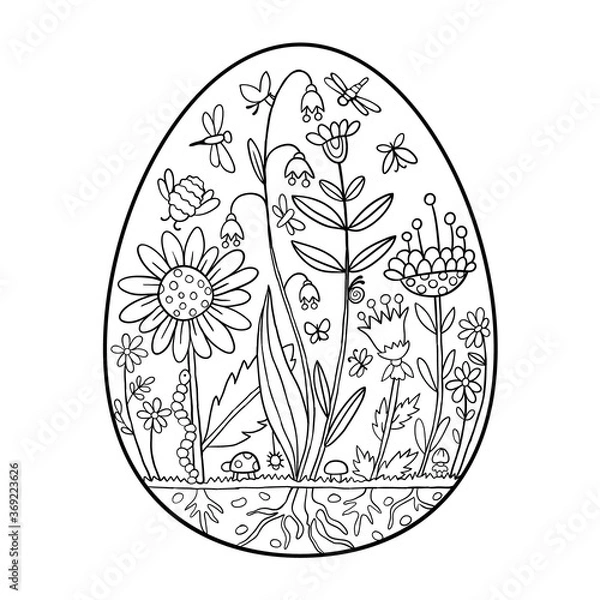 Fototapeta Vector Easter art plants, flowers in egg shape