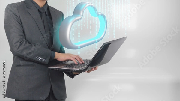 Fototapeta Businessman transfer data to cloud storage. Cloud computing technology concept