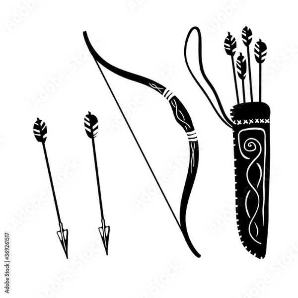 Obraz Vector silhouette Set of bow and quiver of arrows 