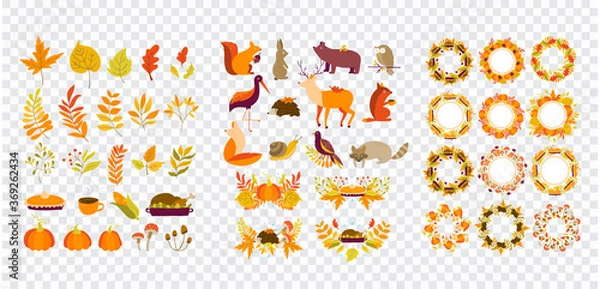 Obraz Jesienne granice, wieńce, zwierzęta, liście, święto dziękczynienia clipart