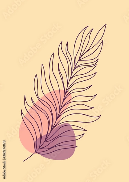 Fototapeta exotic plant drawing minimalist design on a beige-pink-purple background, Doodle one line tropical leaf vector flat  illustration