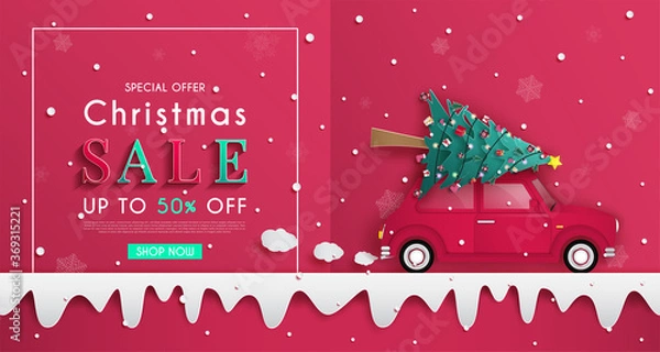 Fototapeta Christmas sales banner design. and christmas tree is on the red car. and cold weather in the winter season. and the design of origami or paper cutting. and can be used as a background.