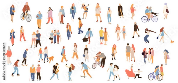 Fototapeta Crowd of flat illustrated people. Dancing, surfing, traveling, walking, working, playing people set. Vector big set