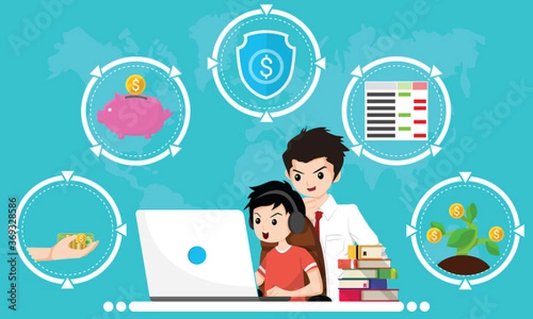 Fototapeta Financial literacy course for kid concept. Design by Boy use laptop and consult his father for learning of cash reserves, savings money, protect fund, accounting and wealth growth. Vector illustration