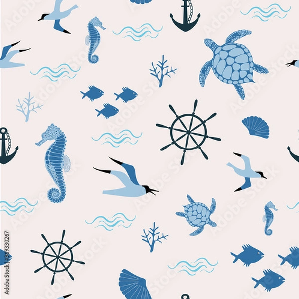 Fototapeta Seamless vector pattern with sea elements - seagall, fish, seahorse, steering wheel, shell, anchor