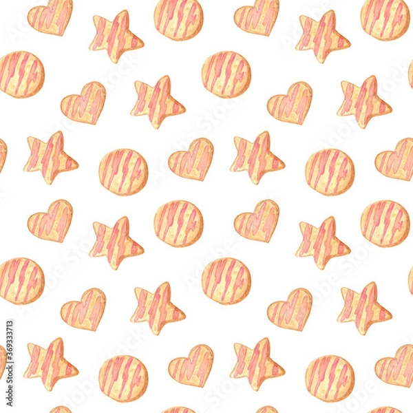 Fototapeta Positive and light seamless pattern with cookies on a white background. Cute design for Christmas and Valentine's Day, for kitchen decor, textile, gifts wrap and paper goods. Watercolor illustration.