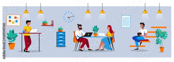 Fototapeta Coworking, freelance, teamwork, communication, interaction, idea, independent activity concept. People working in friendly open space workplace. Vector illustration on gray background