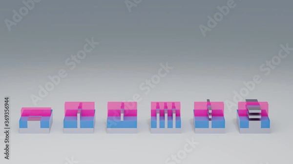 Obraz Evolution of semiconductor transistor construction. Planar, FinFET, FinFET SOI, TriGate FINFET, Nano Wire, Nano Ribbon transistors. 3D render.
