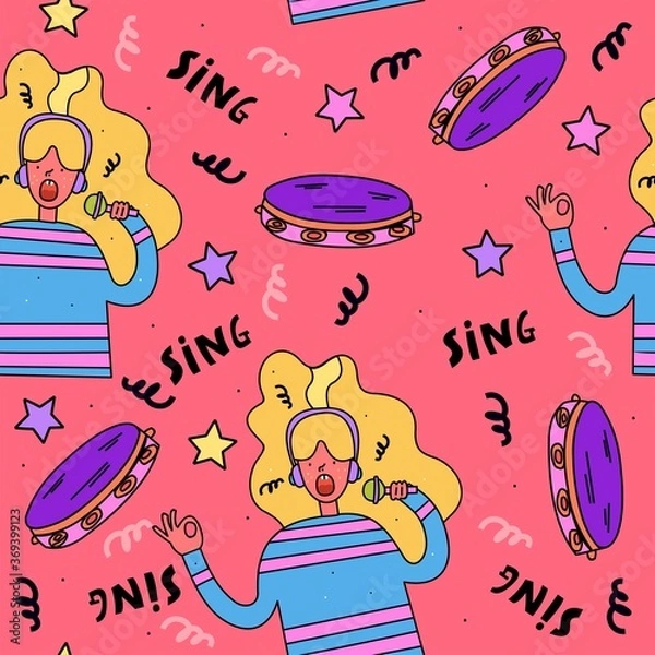 Fototapeta Seamless vector pattern-a cartoon girl sings in a microphone. Music. Bright background.