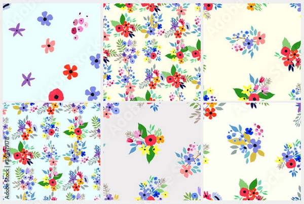 Fototapeta Seamless pattern set. Vector floral design with wildflowers. Romantic background collection