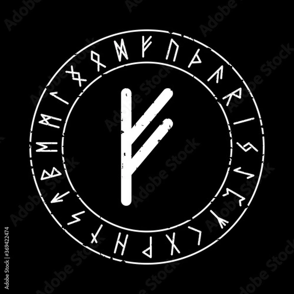 Fototapeta BLACK SQUARE BACKGROUND WITH FEHU RUNE IN MAGIC CIRCLE