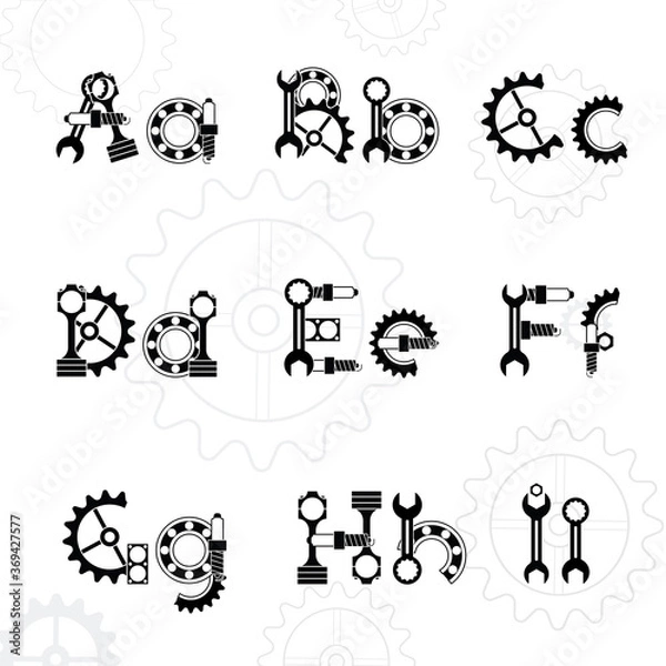Obraz Mechanical vector black font. Vintage alphabet.
