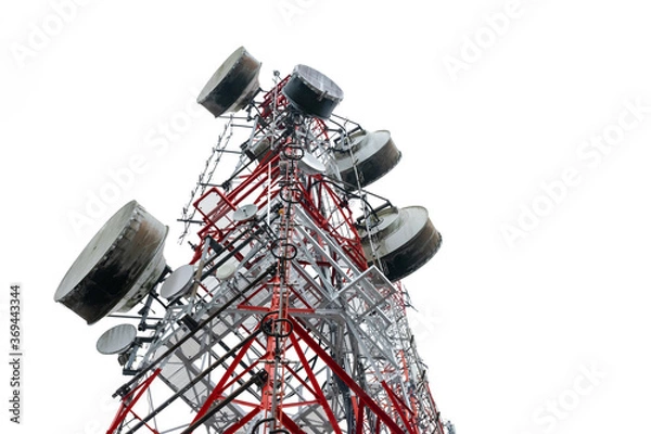 Fototapeta Look up to view the telecommunication pole isolated on white background