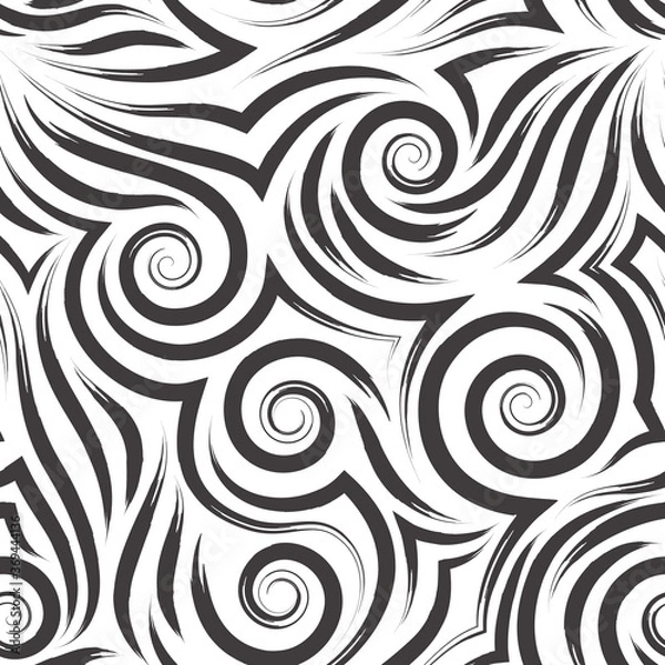 Obraz Vector seamless pattern of black spirals of lines and angles. Linear texture of smooth and angular brush strokes. For decoration or design of fabrics and paper