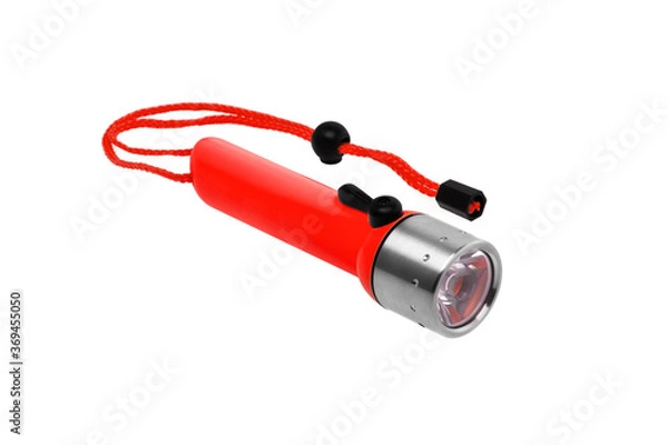 Obraz Flashlight for diving isolate on a white back. Waterproof bright colored flashlight.