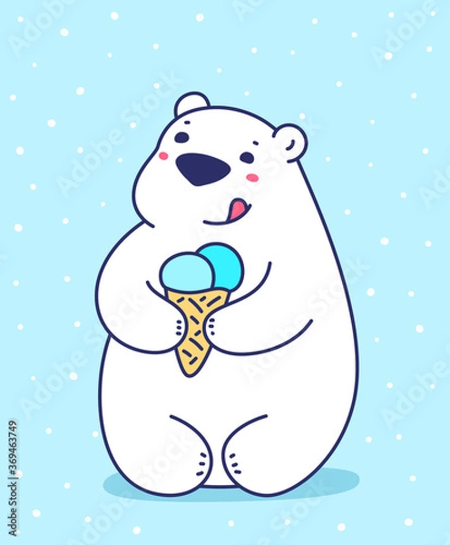 Fototapeta Vector illustration of lovely cartoon white bear holding ice cream horn on blue background with snow. Happy little cute bear.