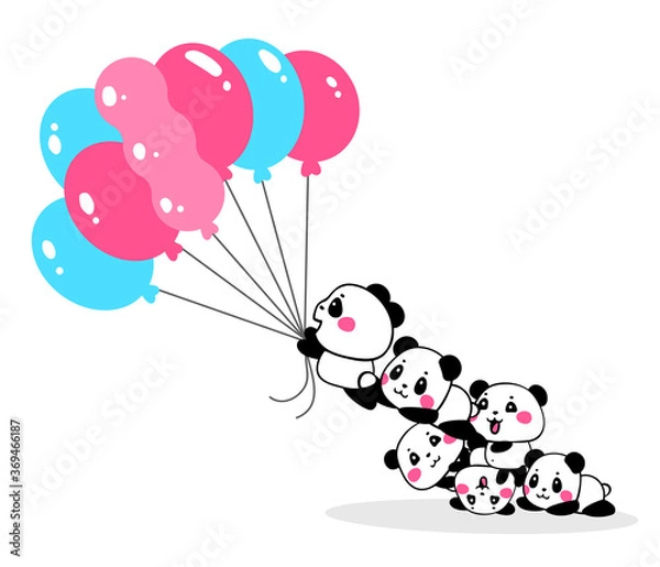 Obraz Vector illustration of lovely cartoon pandas take off with bundle of pink and blue color balloons on white background. Happy little cute panda.