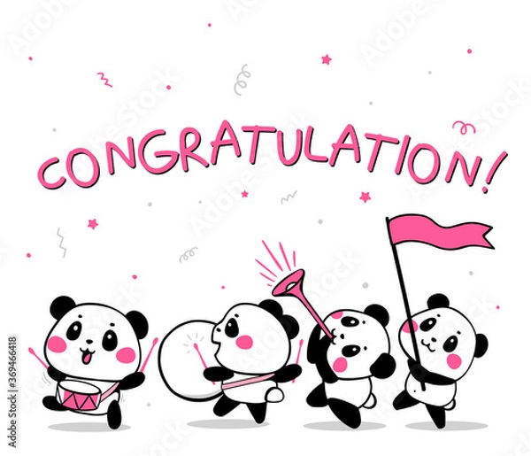 Obraz Vector illustration of lovely cartoon panda band go and play musical instrument on white background with word.