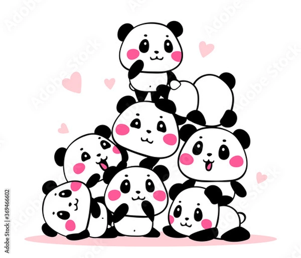 Obraz Vector illustration of many lovely cartoon pandas gathered in a heap on white background. Happy cute pandas are on each other in different poses.