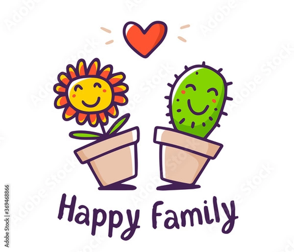 Obraz Vector color illustration of cartoon floral family. Lovely happy flower and cactus with red heart and text on white background.