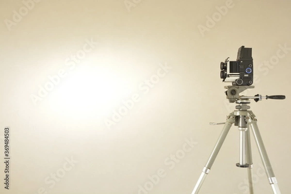 Obraz アンティーク 二眼レンズ フィルムカメラとフランス製 三脚をレイアウト（明るい壁と コピースペース）