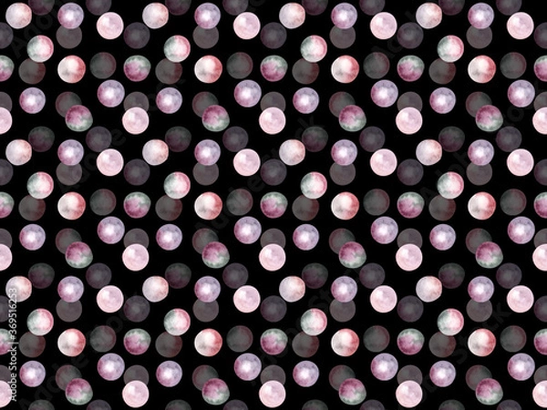 Obraz Seamless pattern. Colored transparent volumetric circles on a black background. Drawing watercolor.