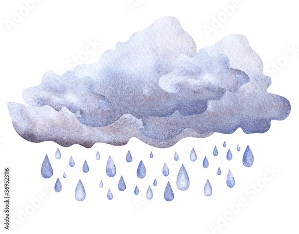 Fototapeta Watercolor image of cumulus fluffy clouds of grey blue color with falling rain drops. Hand drawn illustration of seasonal cloudscape isolated on white background. Decorative element for scrapbooking