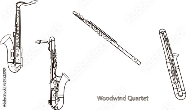 Obraz Outline saxophones, sax, bassoon and flute woodwind quartet, black contour on a white background