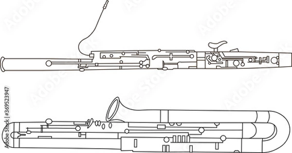 Obraz Black line drawings of outline Bassoon and Contrabassoon musical instrument contour on a white background