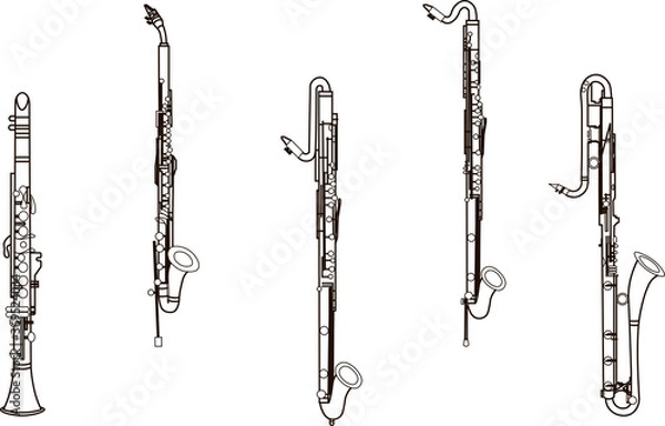 Obraz Black line drawings of outline Soprano Clarinet, Alto and Contra Alto Clarinet, Bass and Contrabass Clarinet contour