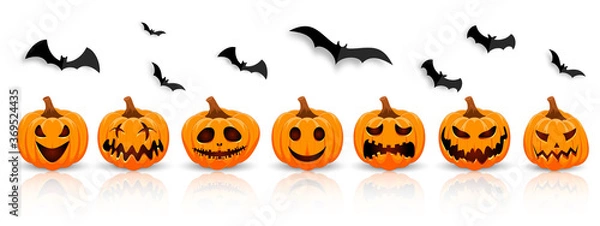 Fototapeta Set pumpkin on white background with black bat. The main symbol of the Happy Halloween holiday. Orange pumpkin with smile for your design for the holiday Halloween.