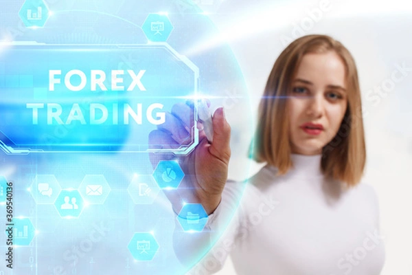 Fototapeta Business, Technology, Internet and network concept. Young businessman working on a virtual screen of the future and sees the inscription: Forex trading