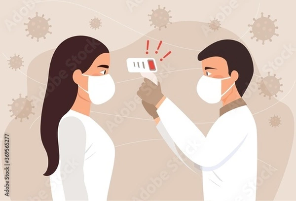 Fototapeta Body temperature check. Doctor holding a non-contact thermometer in hand. fever check. Checking body temperature. Coronavirus prevention. COVID-2019