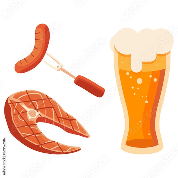 Obraz Fried steak and glass of beer on white isolated backdrop. Barbeque meat for invitation or gift card, notebook, grill bar logo, scrapbook. Phone case or cloth print Flat style stock vector illustration