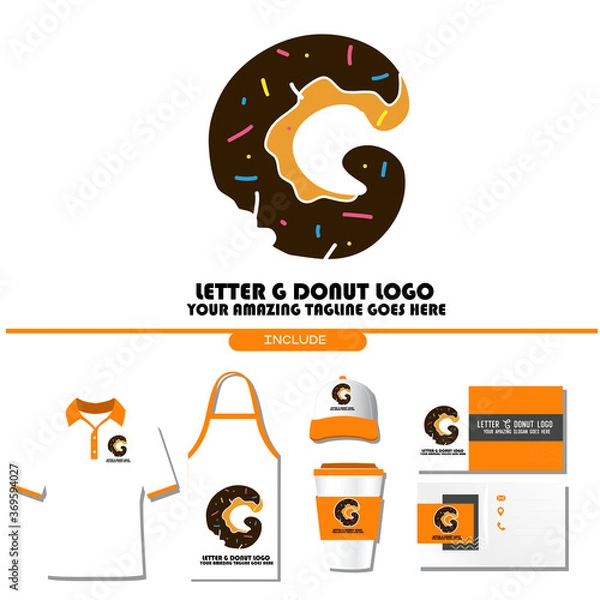Fototapeta The Best and Delicious Letter G Donuts Shop Logo for Cafe and Bakery. Bitten Chocolate Donut with Initial Lettering Logotype Vector Illustration on White Background with Brand Identity include Shirt. 
